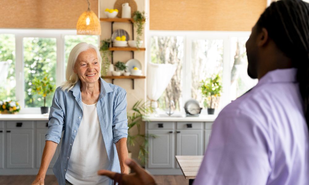 Caregiver talking to senior